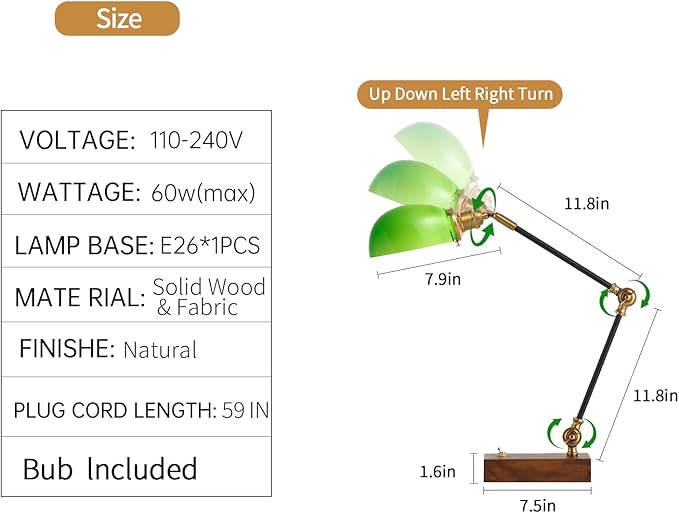 Bankers Lamp, Traditional Green Desk Lamp with Solid Ash Wood Base, Green Glass Antique Library Lamp with Power Cord Switch, Plug in Vintage Bankers Desk Lamp for Office, Study Room 【E26 Socket】