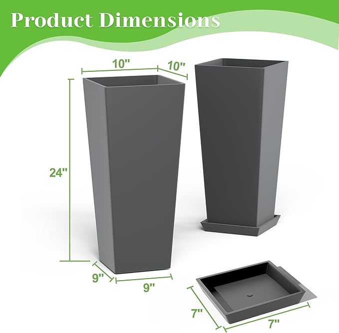 FENCY Set of 2 Tall Planters for Outdoor Plants, 24 Inch Large Tapered Pots with Drainage Trays, Weather-Resistant Plastic Plant Containers for Patio, Porch, Garden, Front Door Decor,Gray