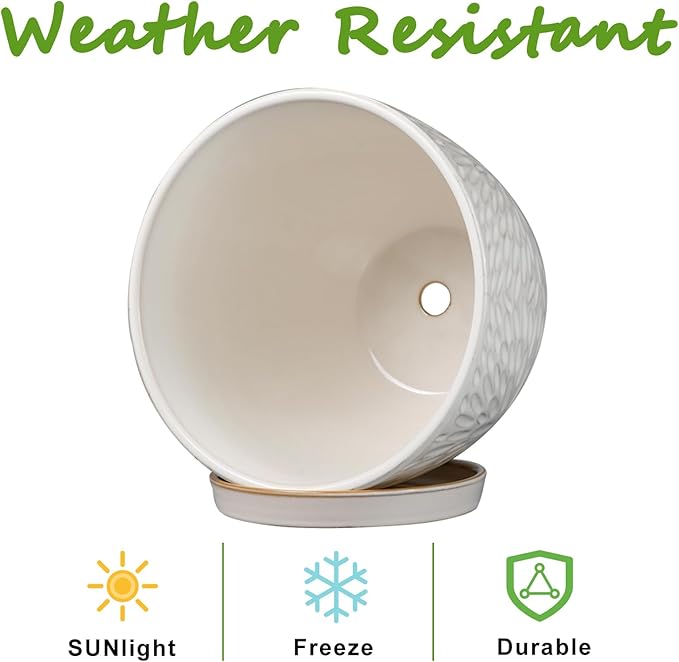 G EPGardening 8 Inch Ceramic Plant Pot with Drainage Hole and Saucer Round Planter Pot for Indoor Outdoor Plants Modern Large Flower Pot White