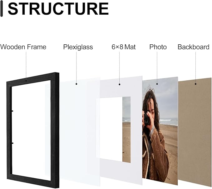 Vittanly 9x12 Picture Frames Set of 9, Shatter Resistant Plexiglass, Display 6x8 Pictures with Mat or 9x12 without Mat, Photo Frames for Wall or Tabletop, Engineered Wood, Black