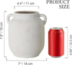 Ceramic Flower Vase Home Decor - 7.6 Inch Farmhouse Rustic White Table Vases with Handle Living Room Decoration Decorative Vintage Pottery for Kitchen Shelf Coffee Dining Desk Bookshelf Fireplace