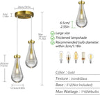 Raindrop Pendant Lights Kitchen Island Teardrop Gold Hanging Light Fixtures Clear Solid Glass Pendant Light Modern Chandeliers for Dining Room Porch Corridor Living Room(2-Light)