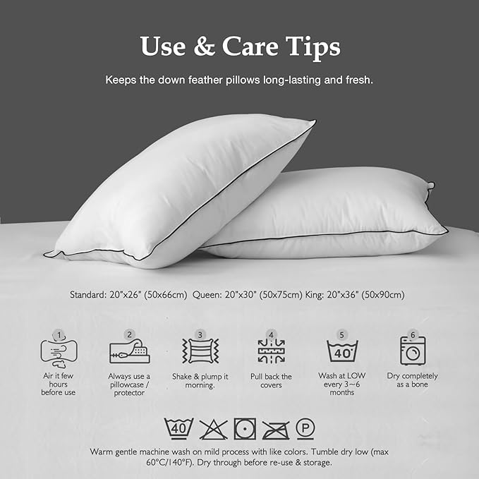 DWR Luxury Goose Feather Down Core Pillows Surrounded by Polyester - Set of 2 - King Size(20"x36") - Medium Firm - 100% Organic Cotton Cover