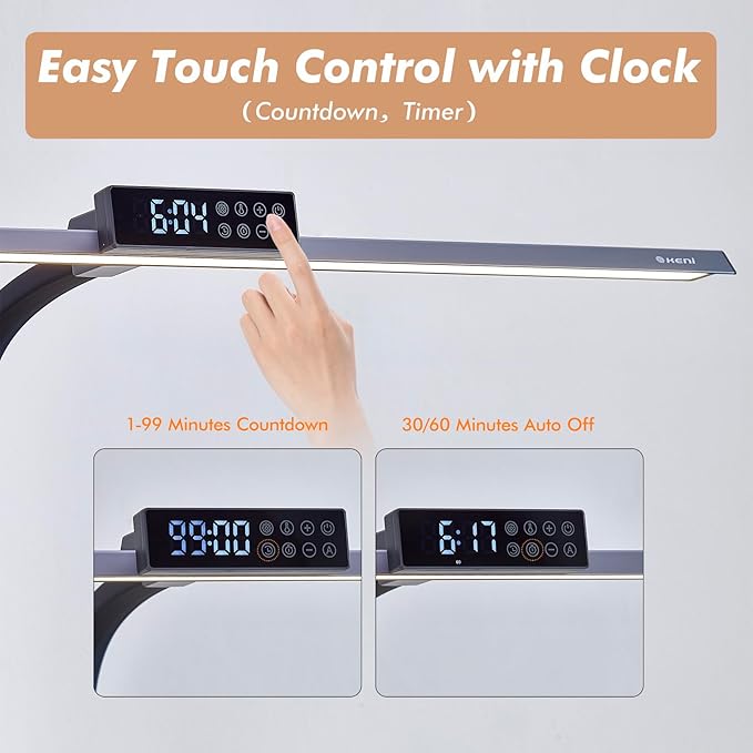 G Keni 3400LM Ultra Bright LED Desk Lamp with Clock for Home Office, 31.5″W x 27″H, 25W Auto-Fill Brightness Desk Light with Timer, Touch Gooseneck Architect Lights for Work Study Read (Base)
