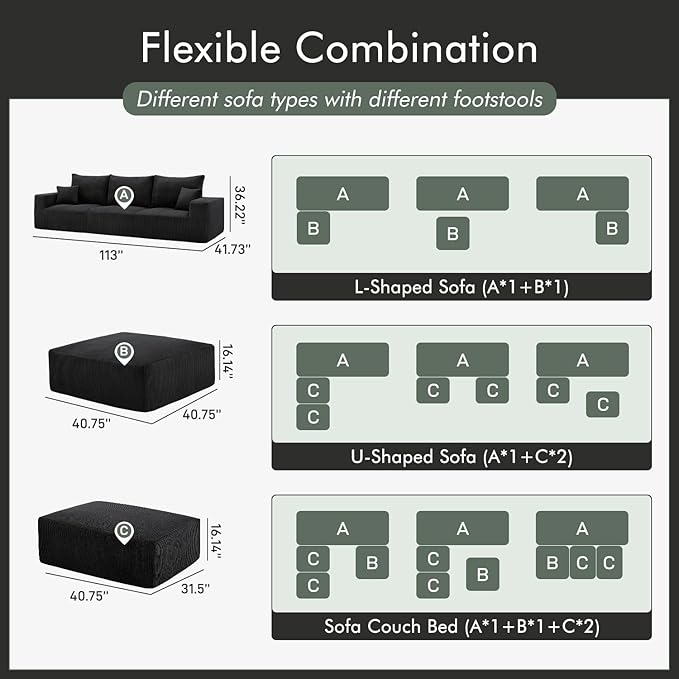 Boneless Sectional Cloud Couch Sofa for Living Room, 112" L-Shaped Modular Modern Lounge Sleeper Black Couches with Chaise, No Assemble, Cordury Compression Upholstered Sofas