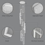 Modern Adjustable Height Pendant Light Fixture - White 252W LED Pendant Lights with 12 Rings - Rectangular Chandelier for Staircase, Lobby, Living Room, Foyer and High Ceiling