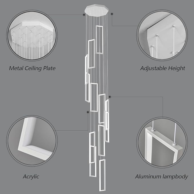 Modern Adjustable Height Pendant Light Fixture - White 252W LED Pendant Lights with 12 Rings - Rectangular Chandelier for Staircase, Lobby, Living Room, Foyer and High Ceiling