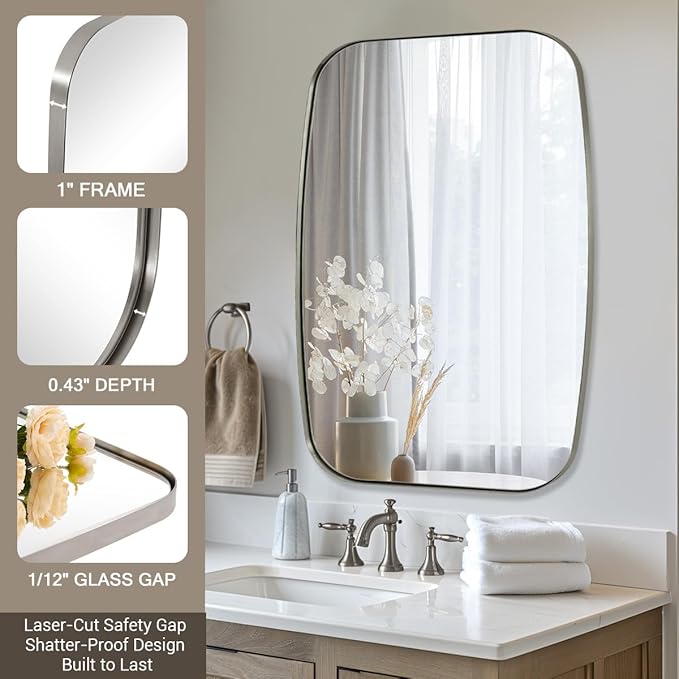 ANDY STAR Brushed Nickel Bathroom Mirror, 30x36’’ Oblong Mirror with Stainless Steel Metal Frame, Silver Oval Vanity Mirror for Over Sink, Modern Anti Rust Wall Mounted