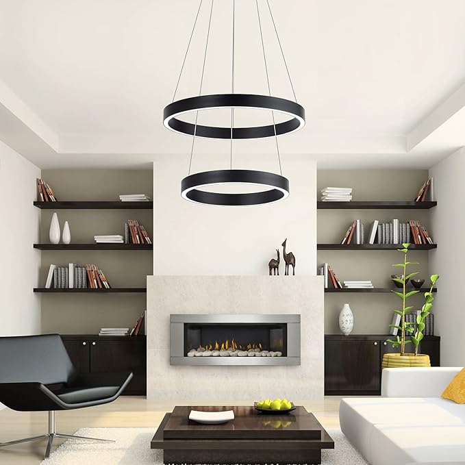 MADEM Room Decor Modern LED Pendant Light 2-Ring Circular Contemporary Chandelier Flush Mount Pendant Lighting for Living Dining Room Bedroom, 6000K Cool White, 36W, Black