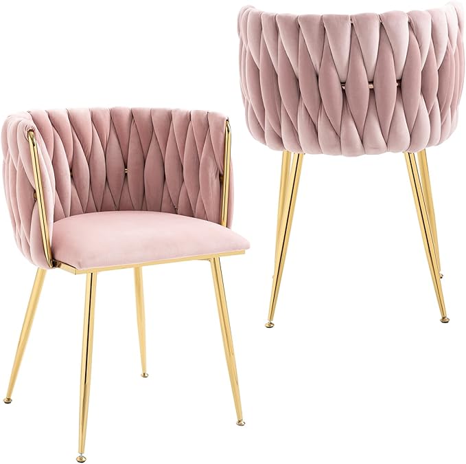 Nrizc Woven Dining Chairs Set of 2, Velvet Upholstered Dining Chairs with Gold Metal Legs, Modern Accent Chairs for Living Room, Dining Room, Kitchen (Pink)