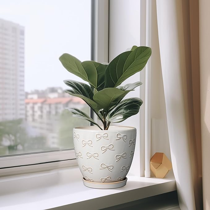 Ceramic Pots for Plants - 8 Inch Plant Pot with Drainage Hole and Saucer Large Planter Pot for Indoor Plants Outdoor Modern Flower Pot Home Decor White