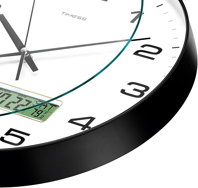 Wall Clock, 12" Dial Non-Ticking Silent Battery Operated Analog with LCD Display for Perpetual Calendar and F° Temperature, Ideal Modern Home, Bedroom, Kitchen, Office Decor (Black)