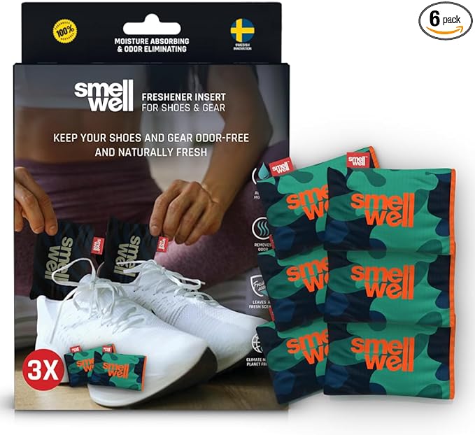 SmellWell - 3-Pack Scented Shoe Deodorizer Inserts - Odor Eliminators - Activated Bamboo Charcoal + Minerals - Natural Freshenes for shoes, bags, gloves - 6 x 1.8oz Original Size Camo Green