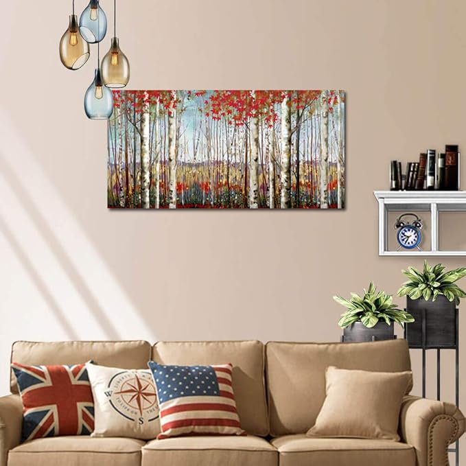 Canvas Wall Art for Living Room Bedroom Modern Wall Decor of Red Leaves White Birch Tree Forest Giclee Print Painting Artwork Wall Decoration 24x48 Large Size with Wood Framed Easy to Hang for Home