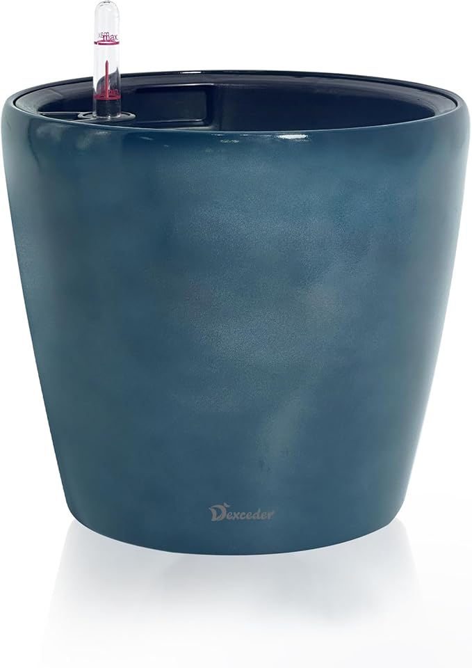 Dexceder 9x8 Inches Self Watering Planter Indoor Outdoor, Inner Pot Design, Thickened Table Flower Plant Pot with Water Level Indicator (Grayish Green Gradient)