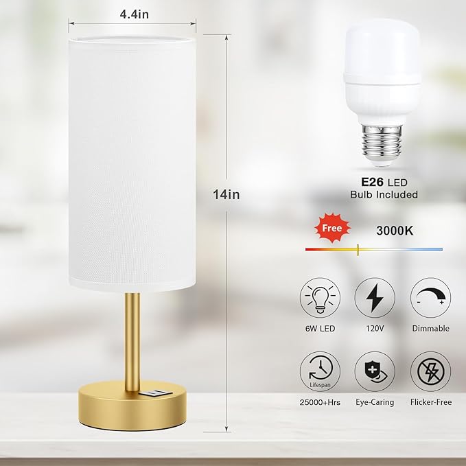 Small Touch Bedside Lamp with USB - 3 Way Dimmable Table Lamp for Bedroom, Nightstand Lamp with Gold Charging Station for Desk Dorm, Office