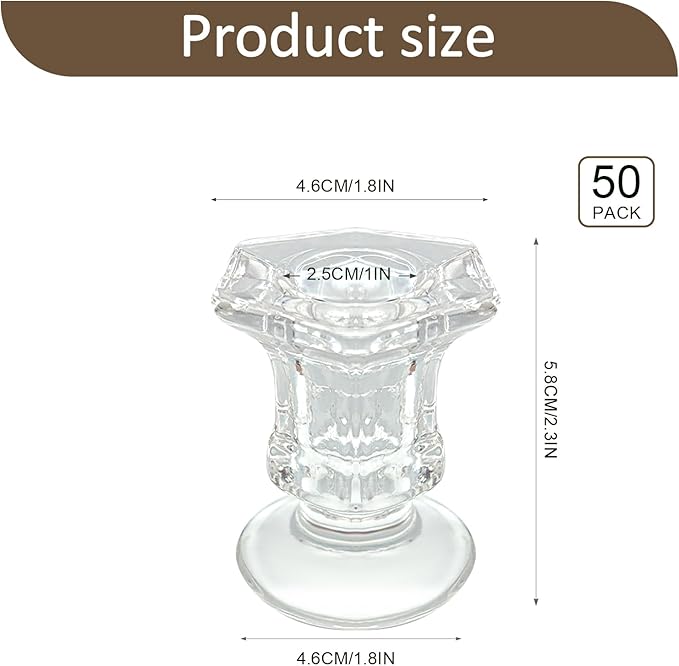 50 Pieces Glass Taper Candle Holders Bulk Clear Glass Taper Candlestick Holders for Wedding Table Centerpiece Party Decoration 2.2 Inch