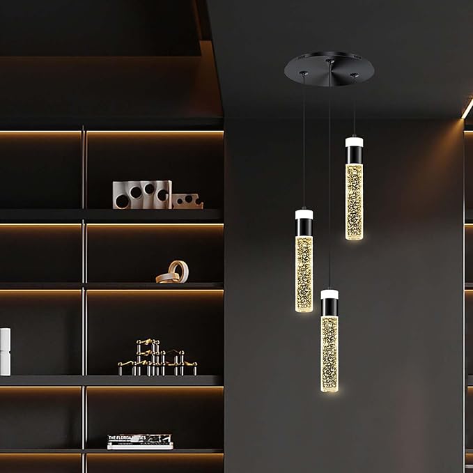 Dimmable 3-Light Pendant Lights Kitchen Island Crystal Hanging Light Modern Black Ceiling Light for Dinning Room Living Room