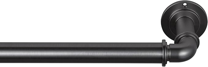MODE Industrial Room Darkening Collection 1 1/8” diameter Industrial Curtain Rod Set with Steel Wall Mounted Expandable Curtain Rod, Blocks Light, Fits 36” to 72” Windows, Graphite