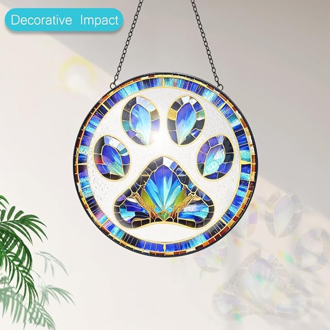 Paw Print Suncatcher Stained Glass Window Hanging - 8” Paw Print Stained Glass Suncatchers for Windows - Sun Catchers Indoor Window Catcher with Hooks and Chain - Dog Memorial Gifts for Mom Grandma