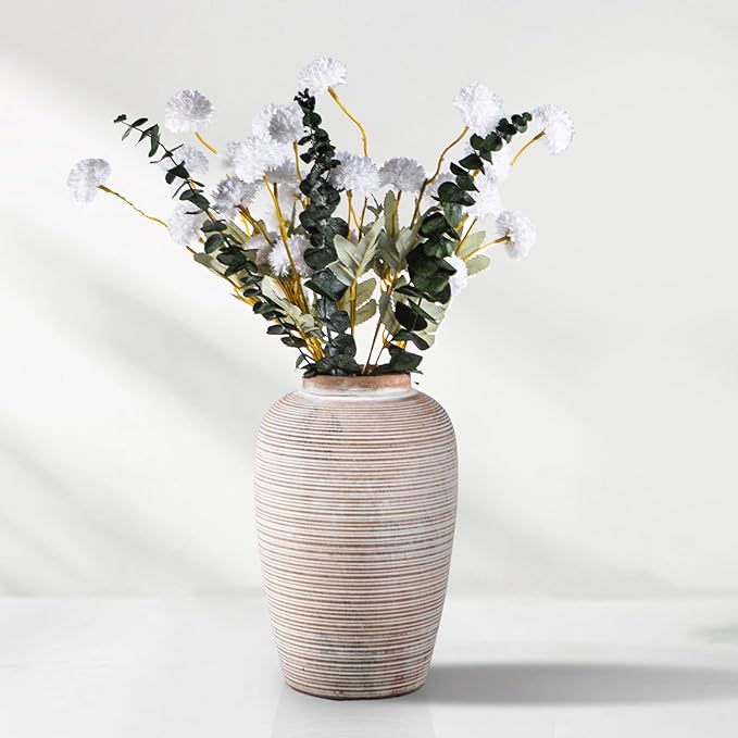 6 Artificial Silk Flowers + 3 Eucalyptus, Artificial Chrysanthemums with Stems for Home Decor, Ivory