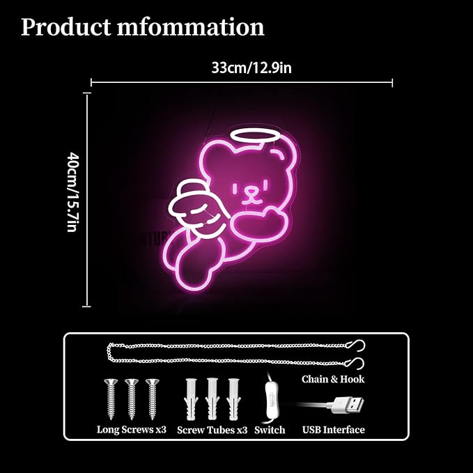 Bear Angel Neon Sign Led Neon Lights Neon Signs for Wall Decor Light Up Sign for Birthday Party Club Gift