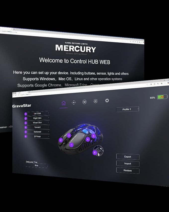 GravaStar Mercury X Wireless Gaming Mouse – 32,000 DPI PAW 3950 Sensor, 1000Hz Polling Rate, Only 49g, Magnesium Alloy Hollow Frame, RGB Lighting, 5 Programmable Buttons