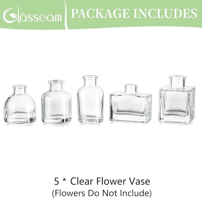 Glasseam Mini Glass Bud Vases: Small Clear Vases for Centerpieces Cute Tiny Flower Vase Set of 5 for Flowers Modern Centerpiece Decor for Wedding Party Dining Room Decoration