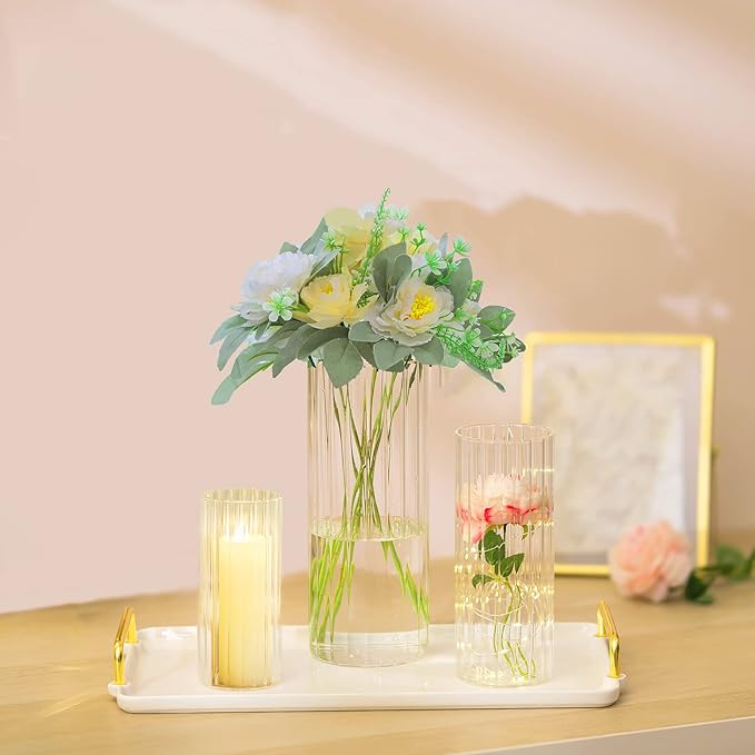 Hewory Glass Cylinder Ribbed Vases Set of 18, Tall Clear Vase for Centerpieces, Hurricane Candle Holders for Pillar or Floating Candles, Round Vases for Wedding Anniversary Events Home Table Decor