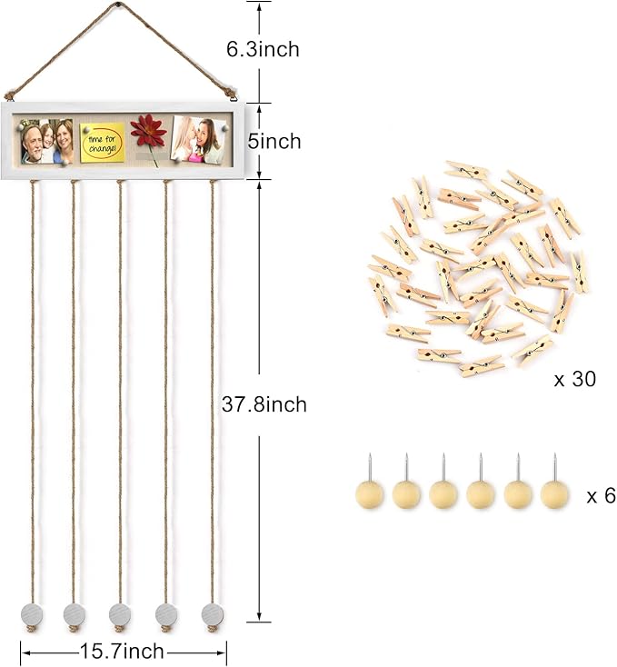 Bikoney Collage Picture Frames Hanging Photo Display Multi Pictures Organizer with Wood Bulletin Board Photo Board 30 Clips and 6 Pushpins for Room Wall Decor (White)