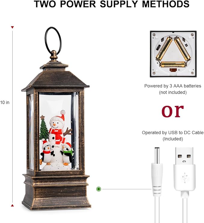 10'' Musical Snow Globe Lantern Lighted Snowman with Penguin Water Lantern Swirling Glittering Home Decoration and Gift, Battery Operated or USB Powered