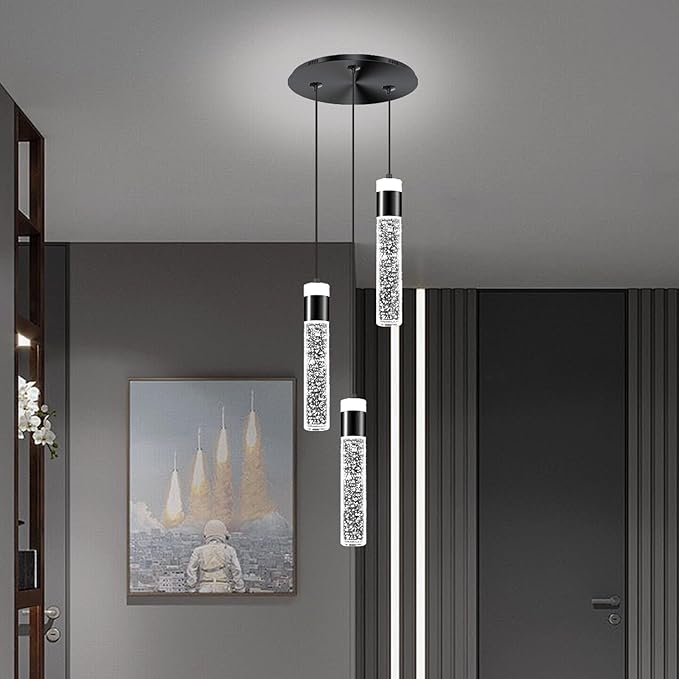 Dimmable 3-Light Pendant Lights Kitchen Island Crystal Hanging Light Modern Black Ceiling Light for Dinning Room Living Room