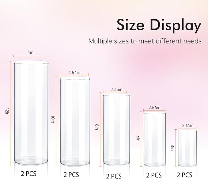 10 Pack Clear Glass Vases for Centerpieces, Cylinder Vase Set, 4,6,8,10,12 Inch Tall Flower Vase for Home Decor, Flower Vase for Table Decorative & Hurricane Floating Candle Holders