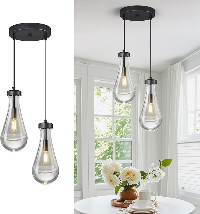 Raindrop Pendant Lights Kitchen Island Teardrop Black Hanging Light Fixtures Clear Solid Glass Pendant Light Modern Chandeliers for Dining Room Porch Corridor Living Room(2-Light)