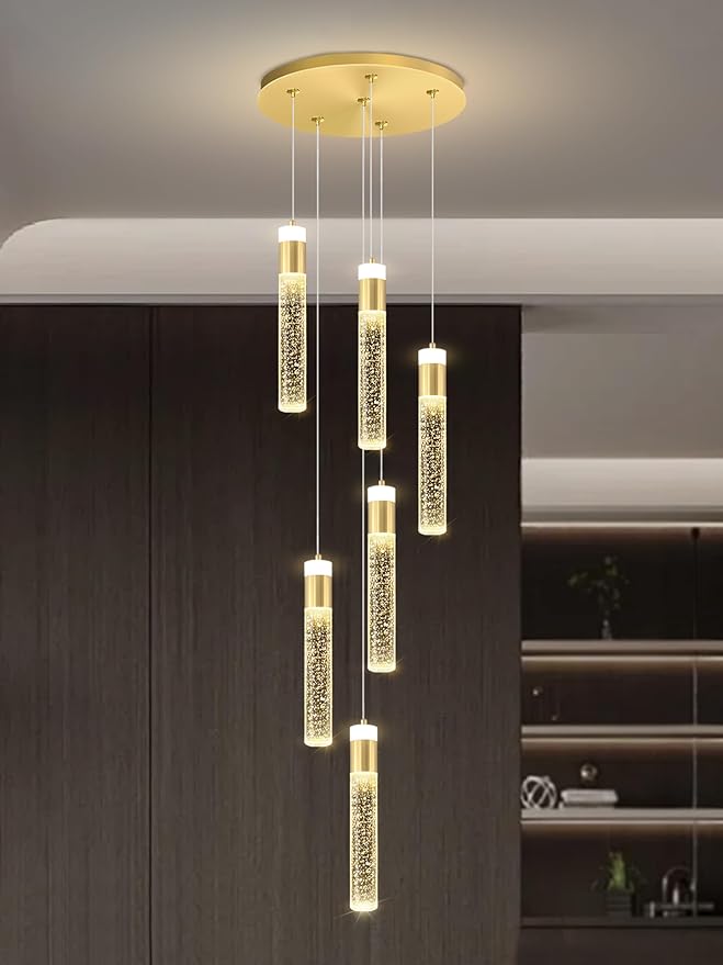 6-Light Gold Modern Crystal Raindrop Chandelier for Dining Room Entrance Long Crystal Bubble Column Chandelier for High Ceiling Lighting Fixtures LED Lampara, 3000k-6000K