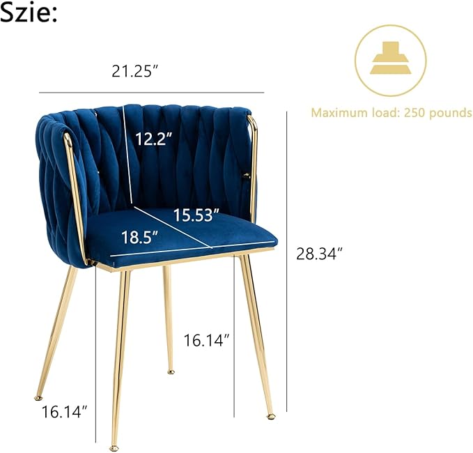 Nrizc Woven Dining Chairs Set of 4, Velvet Upholstered Dining Chairs with Gold Metal Legs, Modern Accent Chairs for Living Room, Dining Room, Kitchen (Blue)