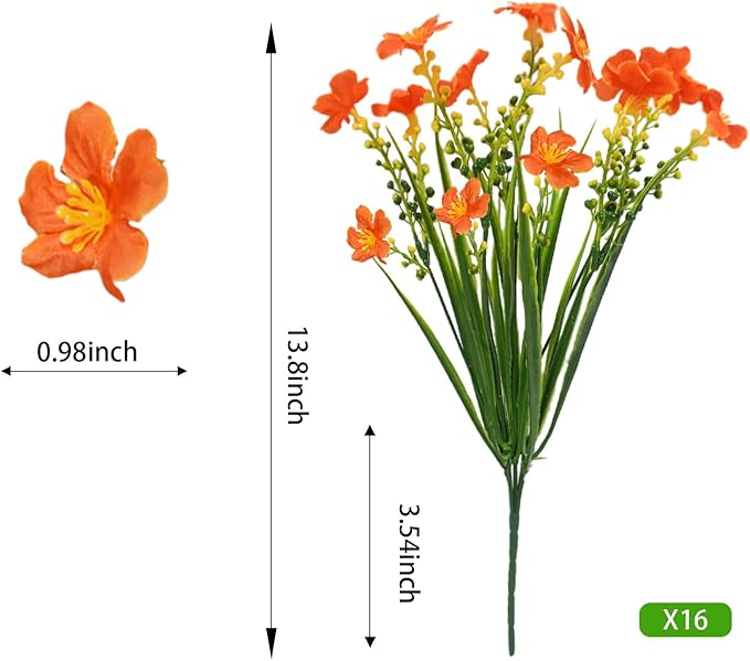 Krissing 8 Pcs Fall Artificial Outdoors Flowers,UV Resistant Fake Fall Plastic Flowers Fuax Fall Shrubs for Outdoors Autumn Home Garden Porch Window Box Thanksgiving Fall Outdoor Decor (Orange)