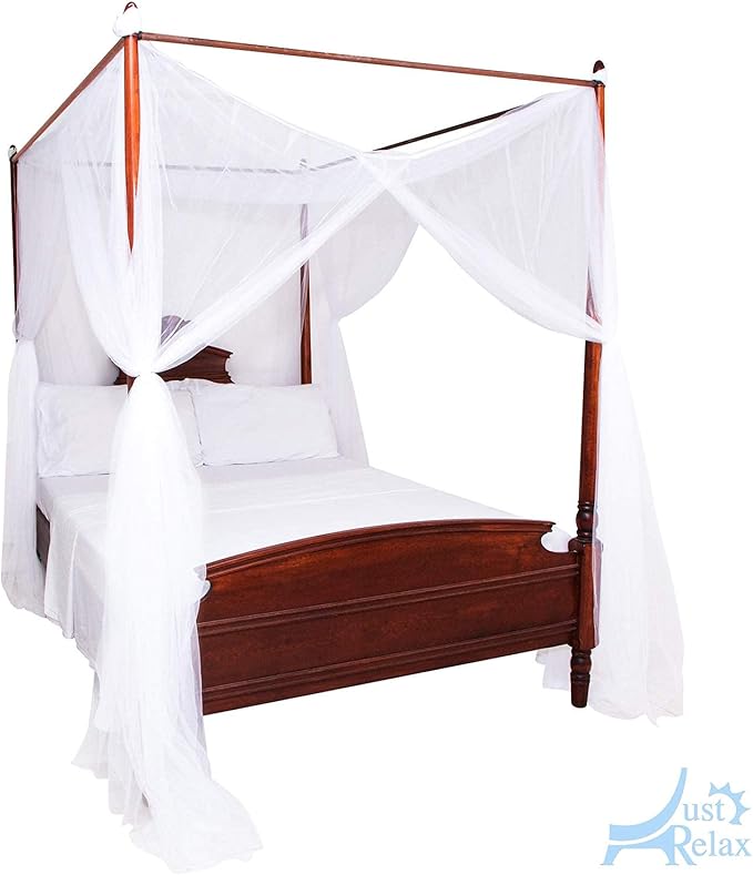 Just Relax Four Corner Post Decorative Elegant Bed Net Canopy Set, White, Full/Queen/King, 86.6x78.7x98.4 Inches