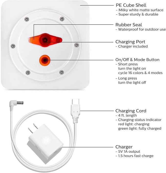 Mr.Go 4-inch Dimmable LED Night Light Mood Lamp for Kids and Adults - 16 RGB Colors - 8 Level Dimming - 4 Lighting Effect - Rechargeable - Remote Control - Decorative, Fun & Safe - White Finish Cube