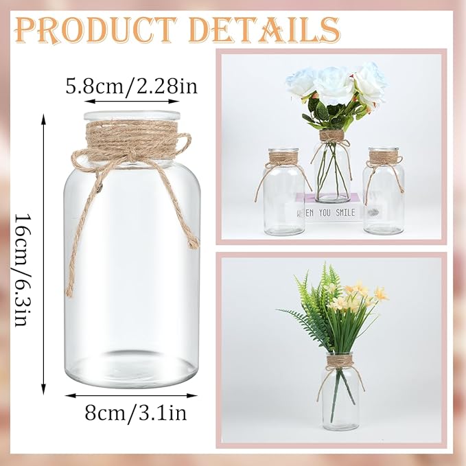 Vintage Glass Flower Vase，12 Pack Farmhouse Transparent White Glass Centerpiece Vases Mason Jars for Weddings, Parties & Home Decor Bulk (12, Transparent)