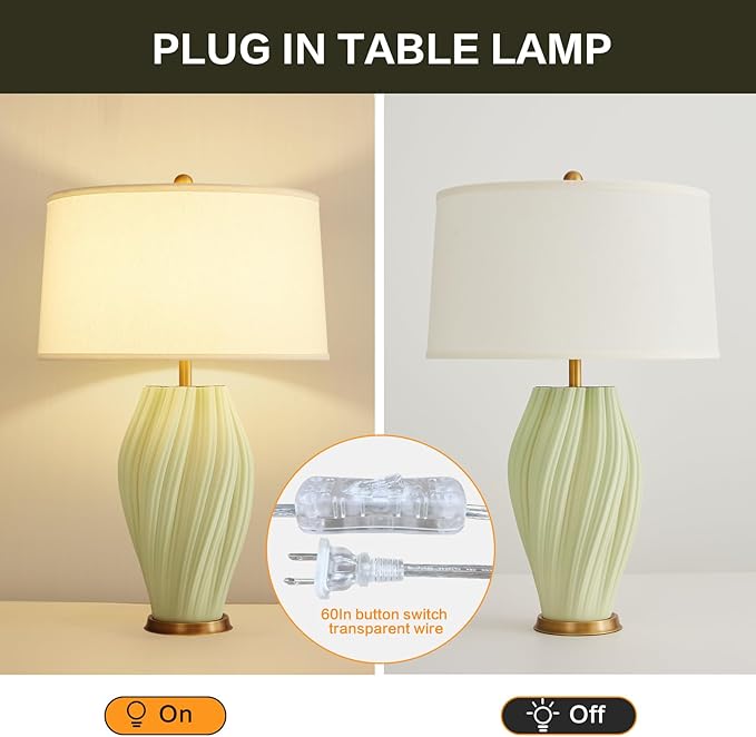 Modern Textured Ceramic Large Table Lamps 26.75", Sage Green Plug in Table Lamp Decor for Living Room Bedroom Bedside Tables Office Desk End