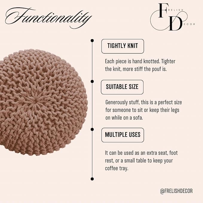 FRELISH DECOR Round Pouf Ottoman Hand Knitted 100% Cotton Pouf Foot Stool - Knitted Bean Bag - Floor Chair for Living Room Bedroom - Foot Rest for Couch (20 Diameter x 14 Height) - Taupe