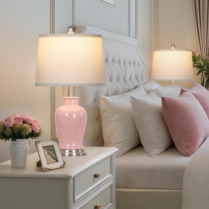 23" Ceramic Table Lamps Set of 2, Modern Ceramic Lamps for Living Room, Cute Bedside Lamps with Ginger Jar Design, Elegant Bedroom Lamps for Nightstand Dining Room Desk Side End Table Home Decor, Pink