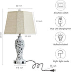 25'' Farmhouse Table Lamps Set of 2 for Living Room Bedroom, 2 USB Ports Rustic Vintage Nightstand Table Lamp with Nightlight, Hollow Out Resin Lamp for End Table (Bulbs Included)