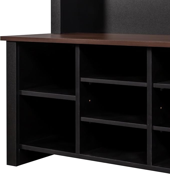 Ball & Cast 4-in-1 Hall Tree with 6 Hooks,Walnut Entryway Bench with Adjustable Shelves,Rustic Shoe Organizer with 16 Open Compartments,for Mudroom,Living Room,Hallway,Black