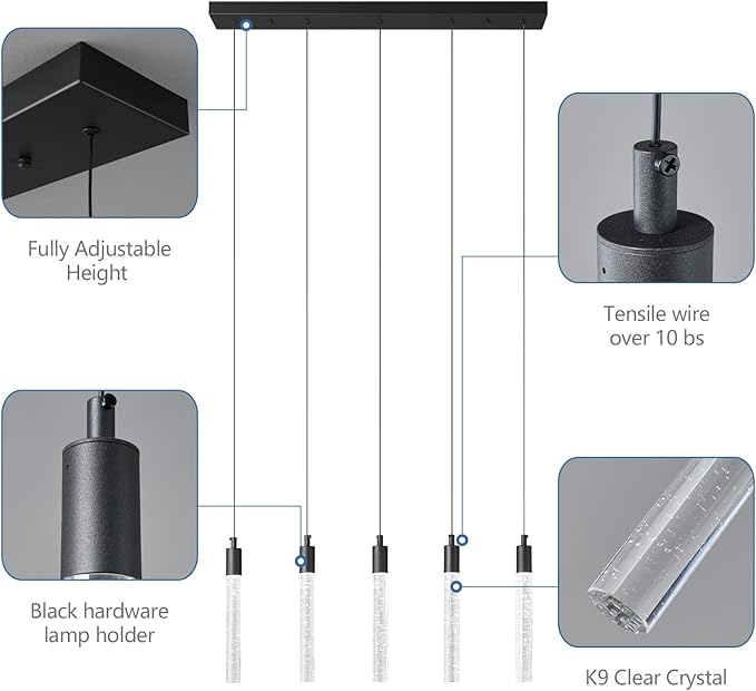 Kitchen Island Lighting Modern Light Fixture Black Pendant Light Dimmable LED Black Finish Mini Crystal Pendant Lights for Dining Room Living Room（5-Light）