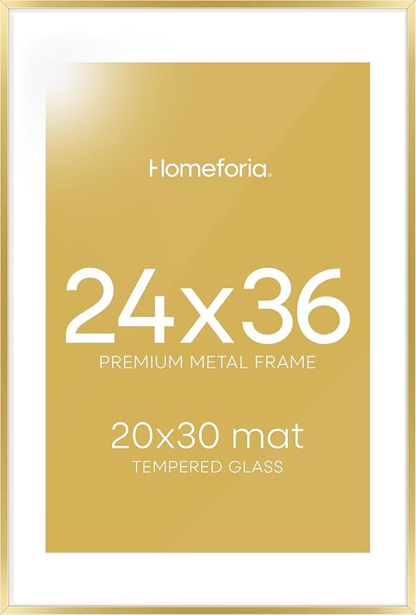 Homeforia 24x36 Gold Picture Frame, High End Metal 24 x 36 Large Poster Frames with Mat 20 by 30 inch Photo, 24x36 Gold Frame Matted to 20x30 for Print, 36x24 Frame, Tempered Glass, Wall Kit, Set of 1