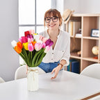 27pcs Colorful Artificial Flowers Tulips, Tulips with 1pc Plastic Vase, Fake Flowers Real Touch Flower 13.9", Christmas, Mother's Day, Easter, Valentine's Day, Family Kitchen, Wedding Decorations