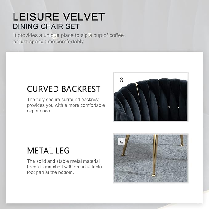 Nrizc Woven Dining Chairs Set of 6, Velvet Upholstered Dining Chairs with Gold Metal Legs, Modern Accent Chairs for Living Room, Dining Room, Kitchen (Black)
