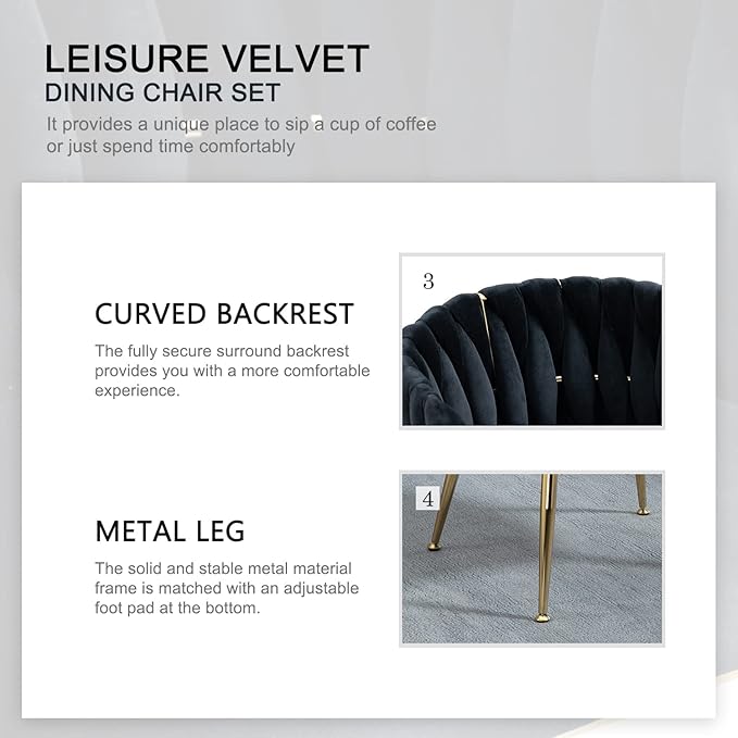 Nrizc Woven Dining Chairs Set of 4, Velvet Upholstered Dining Chairs with Gold Metal Legs, Modern Accent Chairs for Living Room, Dining Room, Kitchen (Black)